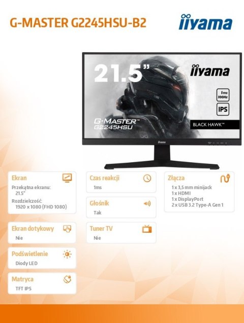 Monitor 22 cale G2245HSU-B2 IPS,FHD,100Hz,1ms,2xUSB,300cd Monitor 22 cale G2245HSU-B2 IPS,FHD,100Hz,1ms,2xUSB,300cd