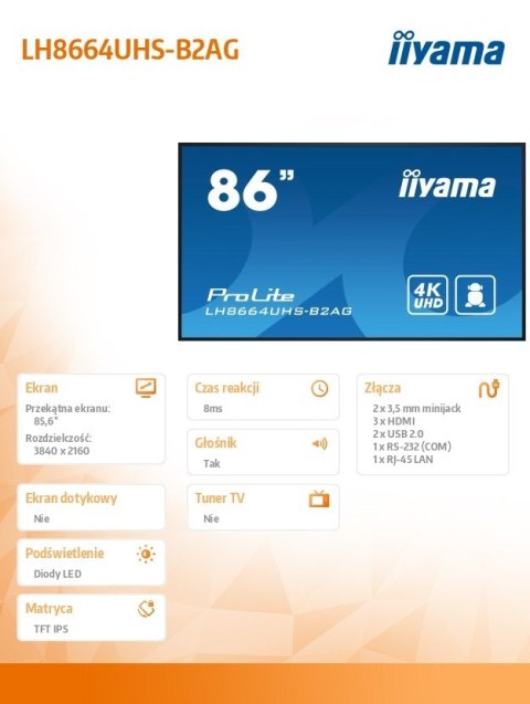 Monitor 86 cali LH8664UHS-B2AG,24/7,IPS,ANDROID.11,4K,3xHDMI,RJ45, 2xUSB,WiFi Monitor 86 cali LH8664UHS-B2AG,24/7,IPS,ANDROID.11,4K,3xHDMI,RJ45, 2xUSB,WiFi