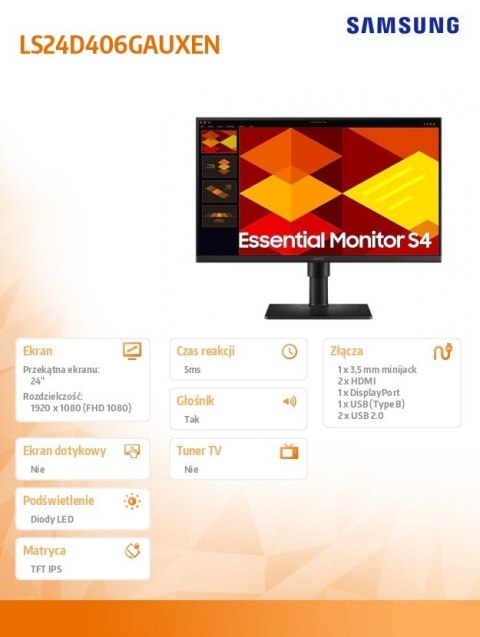Monitor 24 cale S40GD IPS 1920x1080 FHD 16:9 2xHDMI 1xDP 2xUSB-A 2.0 1xUSB-B 5ms 100Hz HAS+PIV głośniki płaski 3YOn-Site (LS24D4 Monitor 24 cale S40GD IPS 1920x1080 FHD 16:9 2xHDMI 1xDP 2xUSB-A 2.0 1xUSB-B 5ms 100Hz HAS+PIV głośniki płaski 3YOn-Site (LS24D4