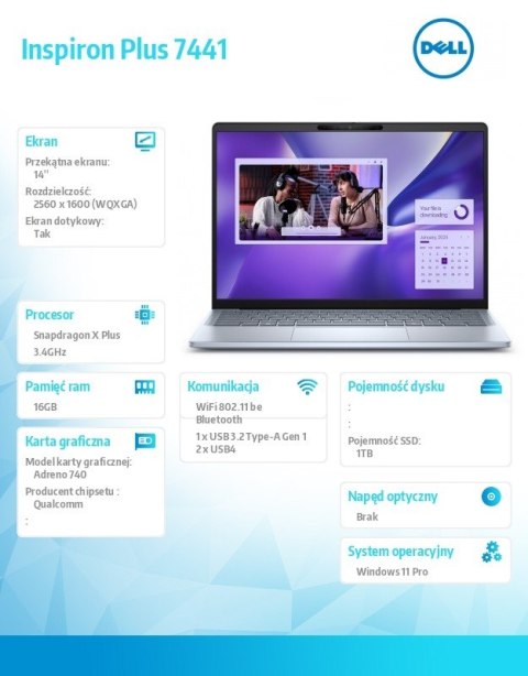 Notebook Inspiron Plus 7441/XPLUS10C/16GB/1TB SSD Gen4/14.0 QHD+ Touch/Adreno GPU/FgrPr/Cam & Mic/WLAN + BT/Backlit Kb/3 Cell/3Y Notebook Inspiron Plus 7441/XPLUS10C/16GB/1TB SSD Gen4/14.0 QHD+ Touch/Adreno GPU/FgrPr/Cam & Mic/WLAN + BT/Backlit Kb/3 Cell/3Y